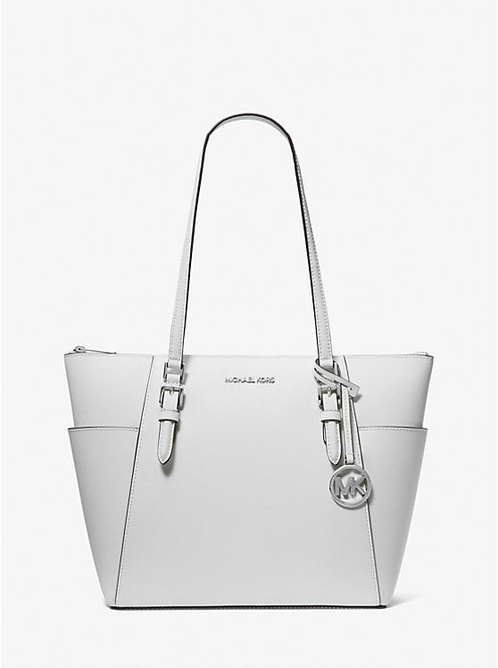 Charlotte Large Saffiano Leather Top-Zip Tote Bag Optic White