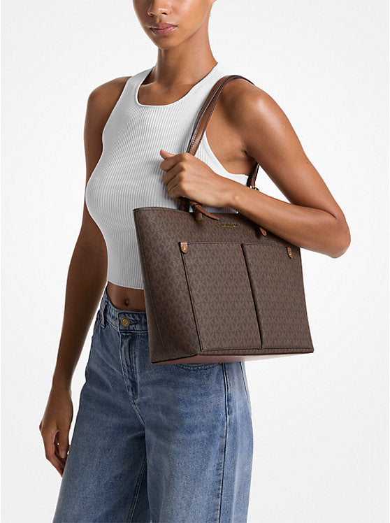 Jet Set Medium Logo Pocket Tote Bag Brown