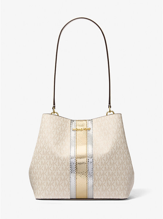 Pratt Medium Signature Logo and Metallic Shoulder Bag Pale Gold