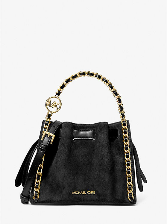 Mina Small Suede Logo Chain Crossbody Bag Black