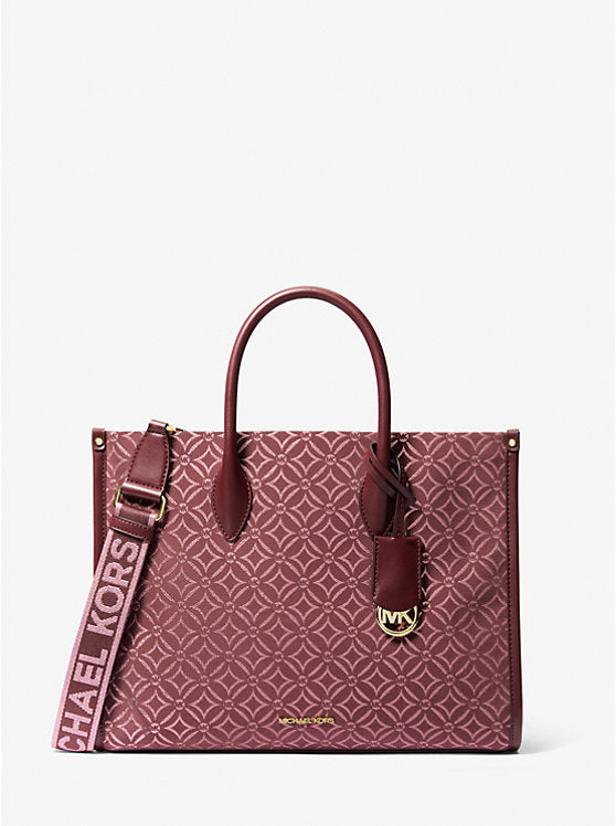 Mirella Medium Metallic Logo Jacquard Tote Bag Oxblood Mlti