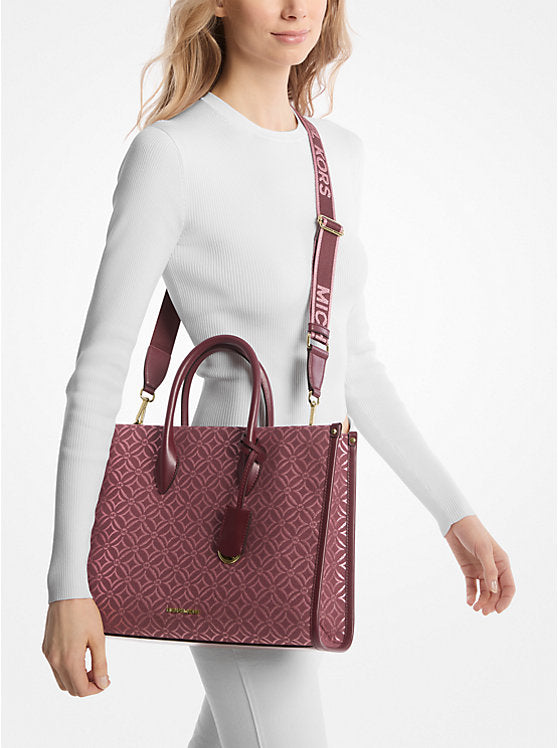 Mirella Medium Metallic Logo Jacquard Tote Bag Oxblood Mlti