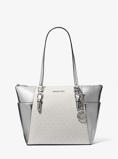 Charlotte Large Signature Logo and Metallic Tote Bag Silver