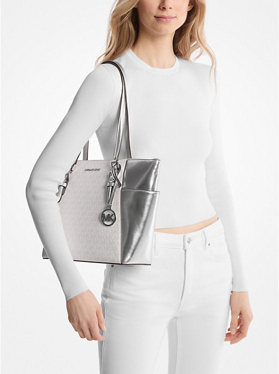 Charlotte Large Signature Logo and Metallic Tote Bag Silver