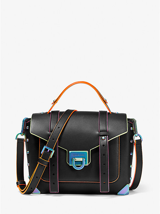 Manhattan Medium Contrast-Trim Leather Satchel Black