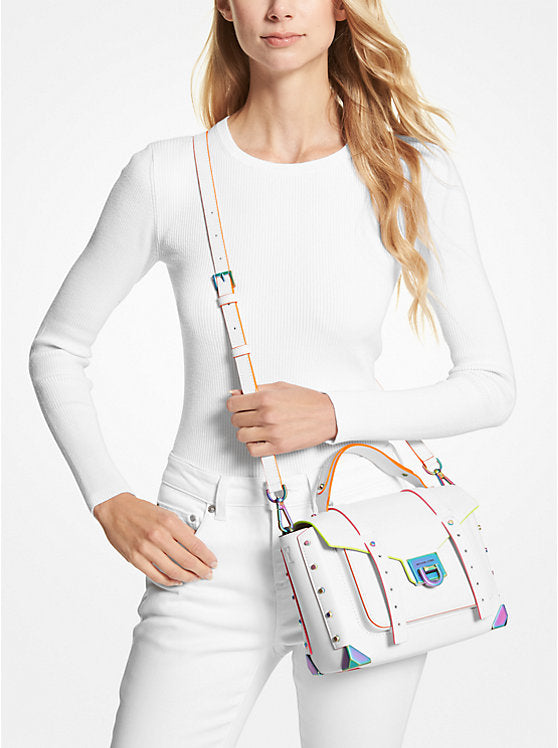 Manhattan Medium Contrast-Trim Leather Satchel Optic White