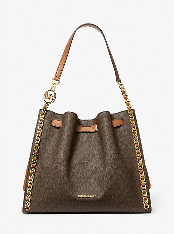 Mina Large Signature Logo Chain Shoulder Bag Brown