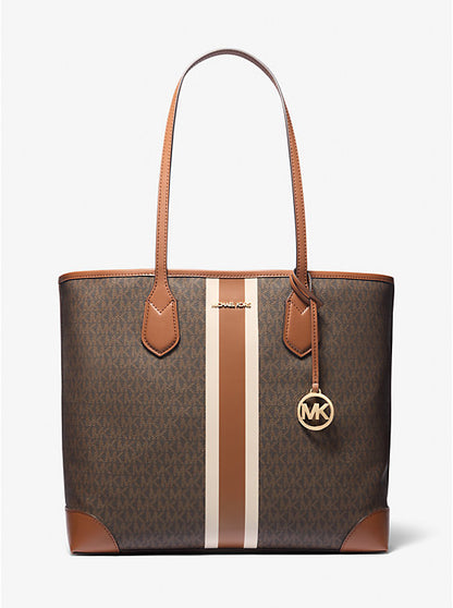 Eva Large Signature Logo Stripe Tote Bag Brown