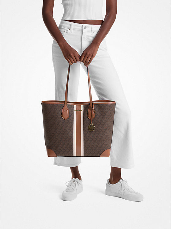 Eva Large Signature Logo Stripe Tote Bag Brown