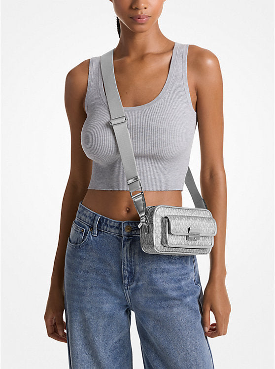 Bradshaw Extra-Small Metallic Signature Logo Camera Crossbody Silver