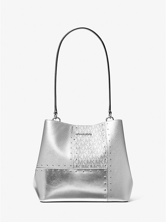 Pratt Medium Studded Metallic Patchwork and Signature Logo Shoulder Bag Silver