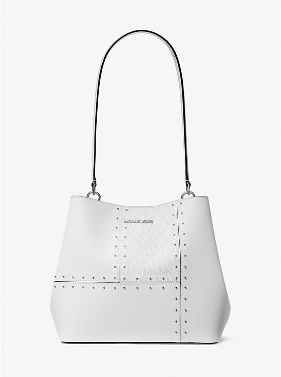 Pratt Medium Studded Patchwork and Signature Logo Shoulder Bag Optic White