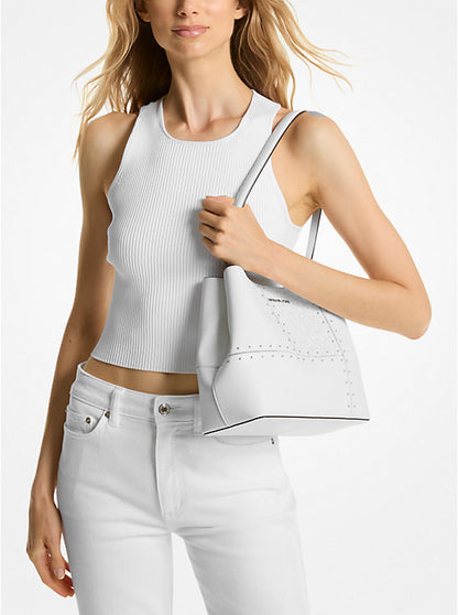 Pratt Medium Studded Patchwork and Signature Logo Shoulder Bag Optic White