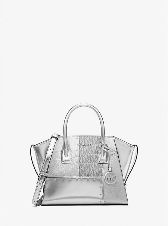 Avril Small Metallic Studded Patchwork and Signature Logo Satchel Silver