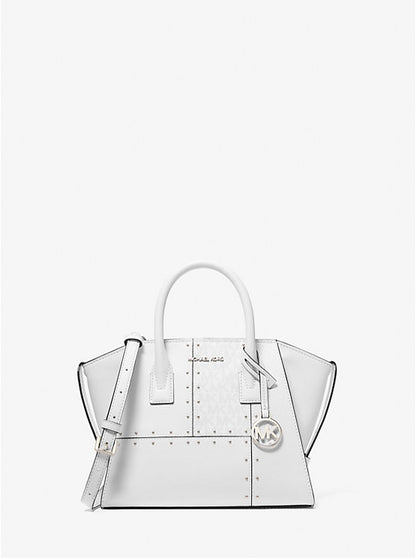 Avril Small Studded Patchwork and Signature Logo Satchel Optic White