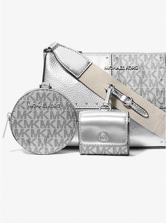 Jet Set Travel Small Metallic Patchwork and Signature Logo Crossbody Bag Silver