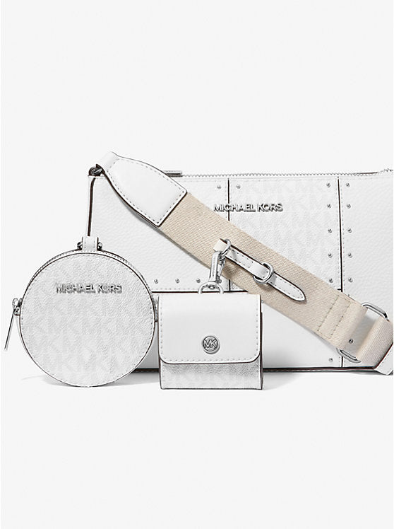 Jet Set Travel Small Metallic Patchwork and Signature Logo Crossbody Bag Optic White