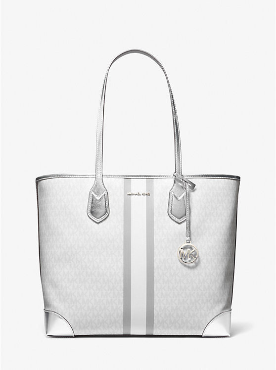 Eva Large Metallic Signature Logo Stripe Tote Bag Optic White