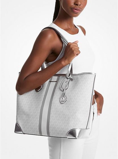 Eva Large Metallic Signature Logo Stripe Tote Bag Optic White