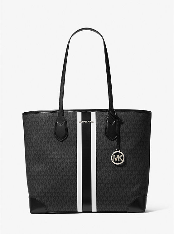 Eva Large Signature Logo Stripe Tote Bag Black