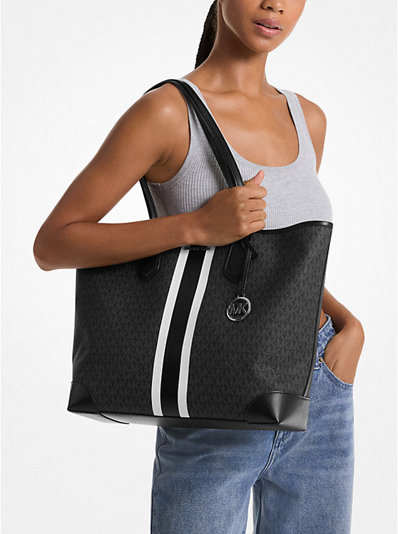 Eva Large Signature Logo Stripe Tote Bag Black