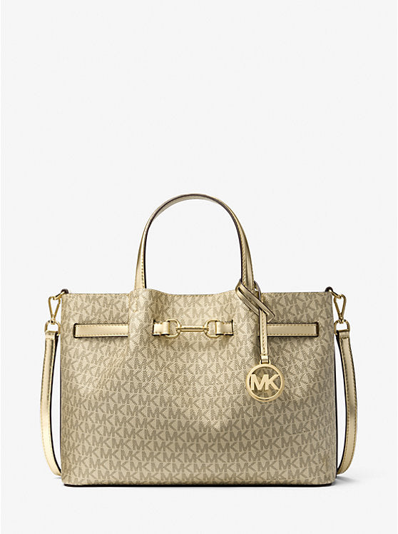 Carson Medium Metallic Signature Logo Satchel Pale Gold