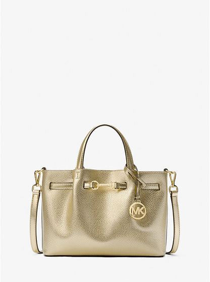 Carson Medium Metallic Pebbled Leather Satchel Pale Gold