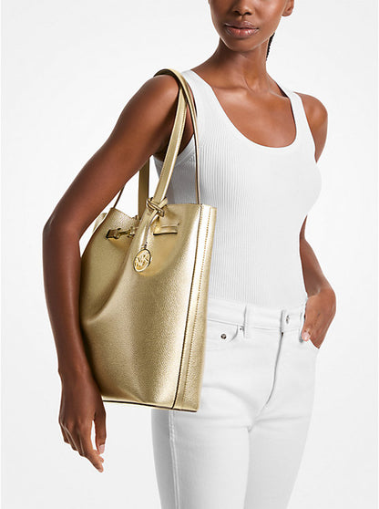 Carson Large Metallic Leather Shoulder Bag Pale Gold