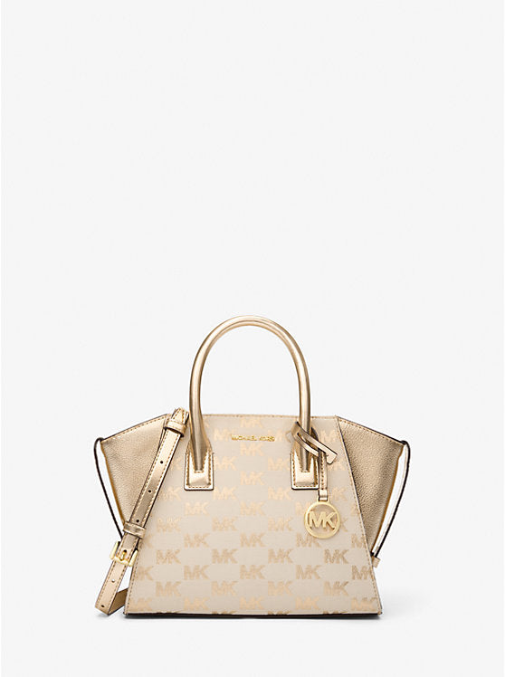 Avril Small Logo Jacquard and Metallic Leather Satchel Pale Gold