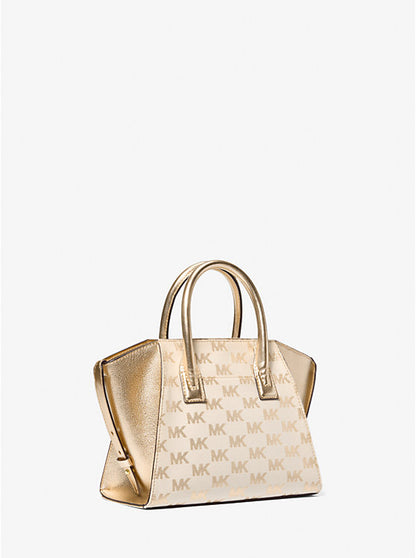 Avril Small Logo Jacquard and Metallic Leather Satchel Pale Gold