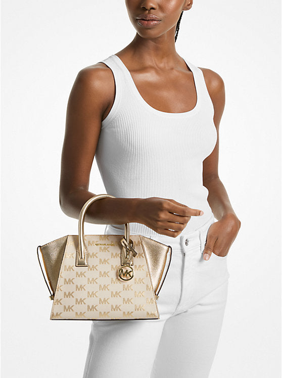 Avril Small Logo Jacquard and Metallic Leather Satchel Pale Gold