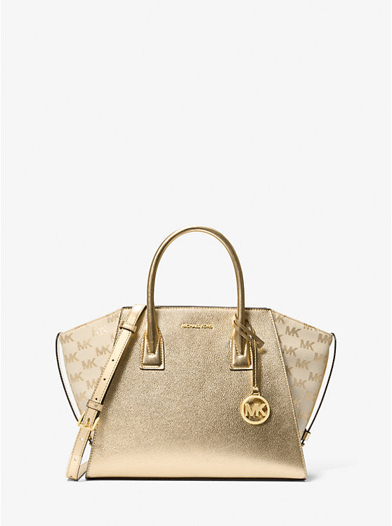 Avril Large Metallic Leather and Logo Jacquard Satchel Pale Gold