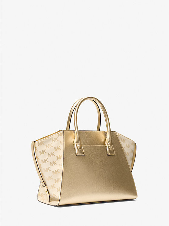 Avril Large Metallic Leather and Logo Jacquard Satchel Pale Gold