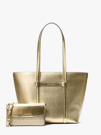 Jet Set Large 2-in-1 Metallic Leather Tote Bag Pale Gold