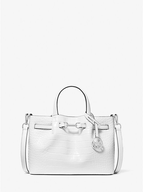 Carson Small Crocodile Embossed Satchel Optic White