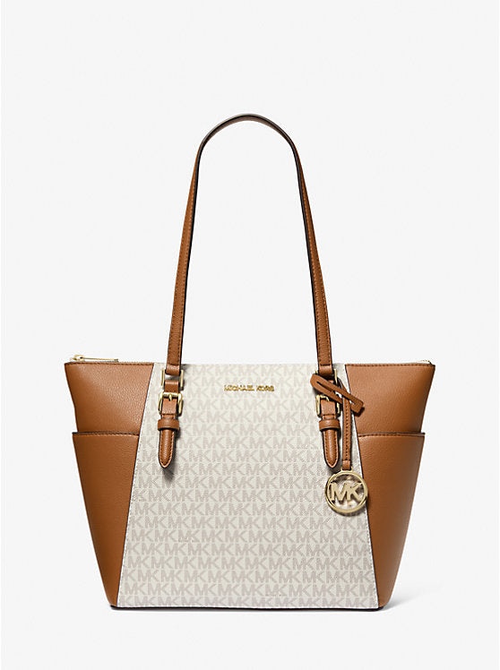 Charlotte Large Logo and Leather Top-Zip Tote Bag Vanilla