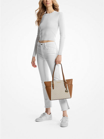 Charlotte Large Logo and Leather Top-Zip Tote Bag Vanilla