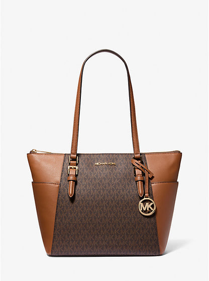 Charlotte Large Logo and Leather Top-Zip Tote Bag Brown