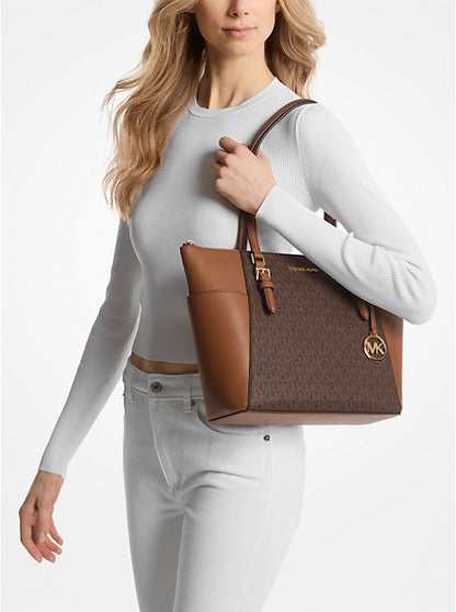 Charlotte Large Logo and Leather Top-Zip Tote Bag Brown