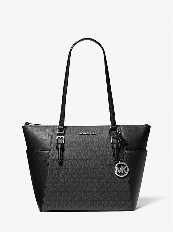 Charlotte Large Logo and Leather Top-Zip Tote Bag Black