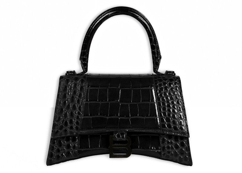 Balenciaga Crocodile Embossed Hourglass Top Handle Small Black