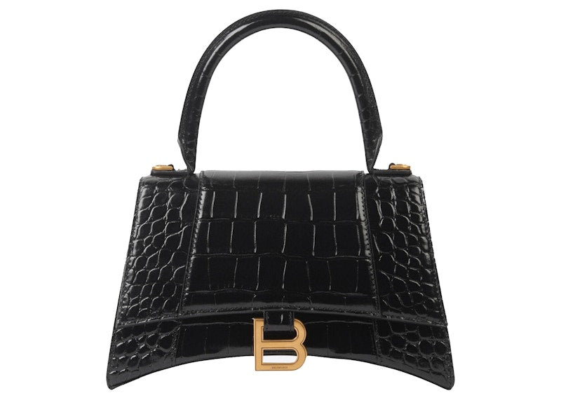 Balenciaga Hourglass Small Top Handle Bag Crocodile Embossed Black