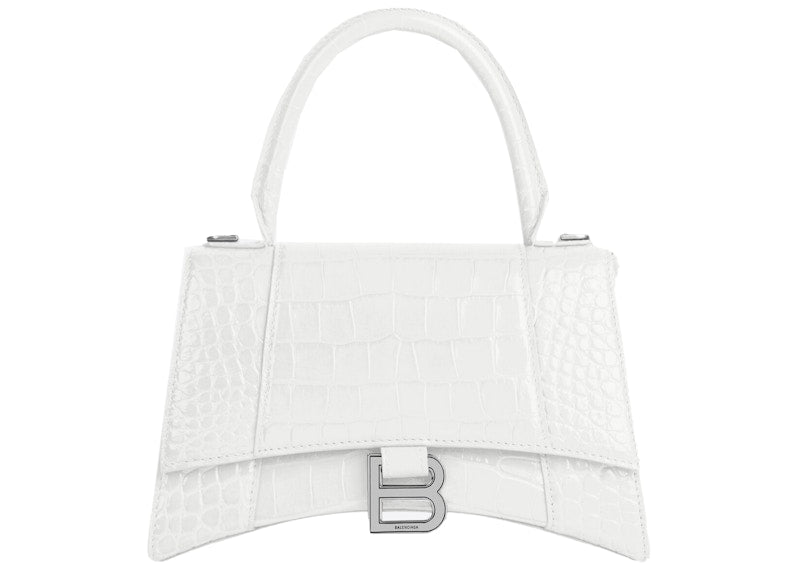 Balenciaga Hourglass Small Top Handle Bag Crocodile Embossed White