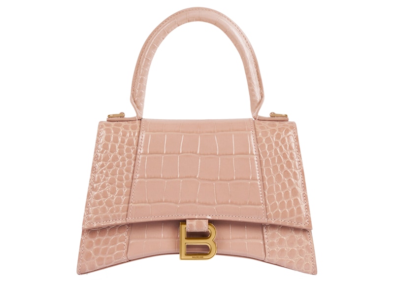 Balenciaga Hourglass Top Handle Bag Small Crocodile Embossed Beige