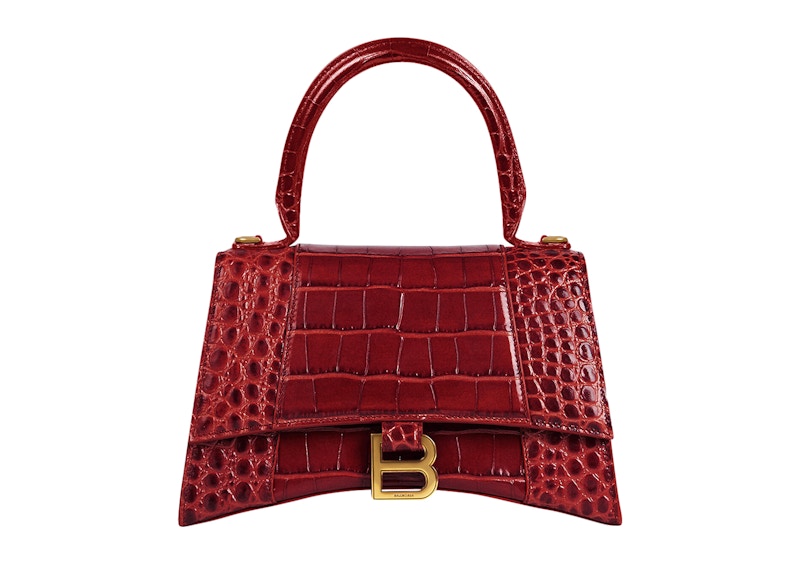 Balenciaga Hourglass Top Handle Bag Small Crocodile Embossed Dark Red