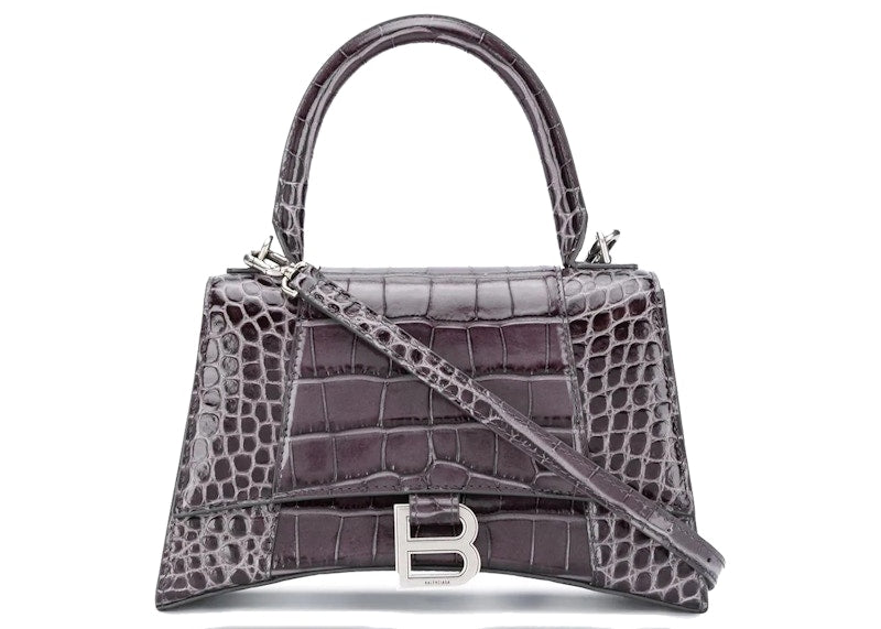 Balenciaga Hourglass Top Handle Bag Small Crocodile Embossed Grey