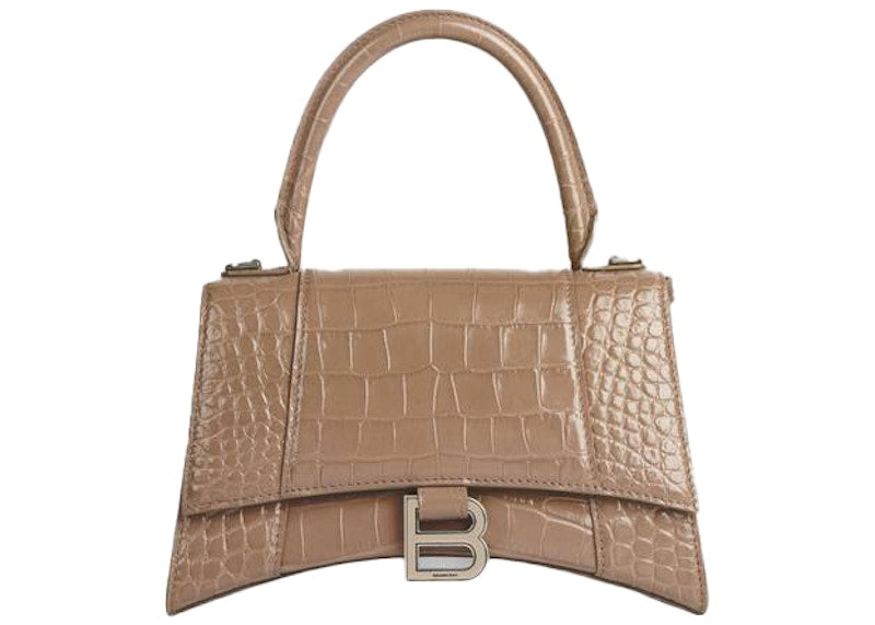 Balenciaga Hourglass Top Handle Bag Small Crocodile Embossed Mink