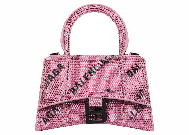 Balenciaga Hourglass Xs Handbag With Chain And Allover Logo Rhinestones Pink/Black