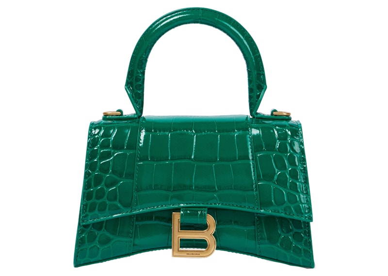 Balenciaga Hourglass Xs Top Handle Bag Crocodile Embossed Green