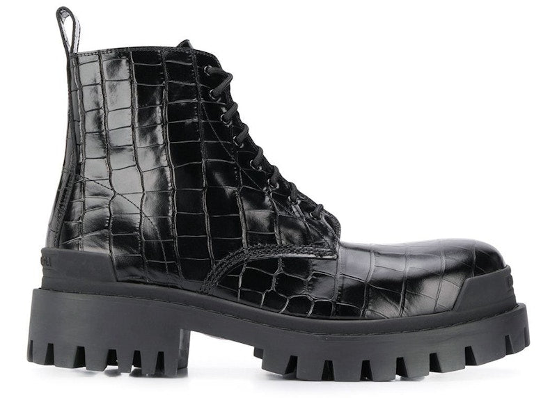 Balenciaga Strike 20Mm Croc Embossed Lace Up Boot Black